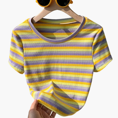 Damen Modernes Streifen-Rippstrick T-Shirt – Kurzarm, Lässiger Streetstyle