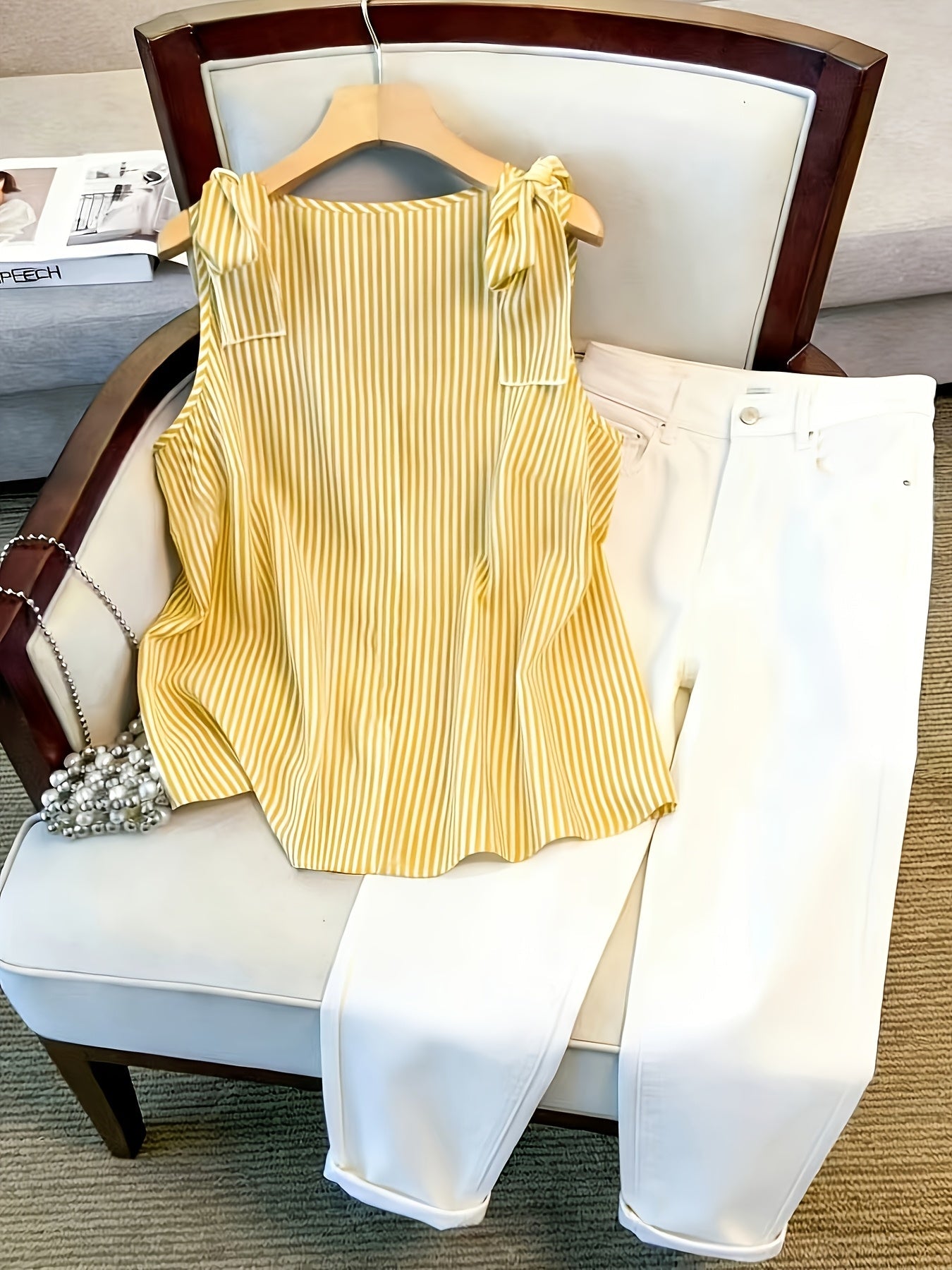 Damen Elegante Ärmellose Bluse mit Streifen und Knopfleiste – Sommer Business Freizeithemd