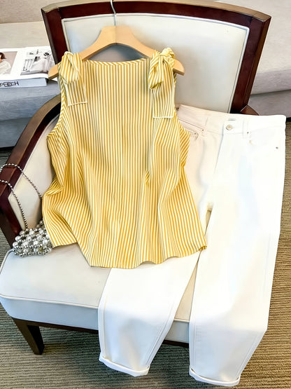 Damen Elegante Ärmellose Bluse mit Streifen und Knopfleiste – Sommer Business Freizeithemd