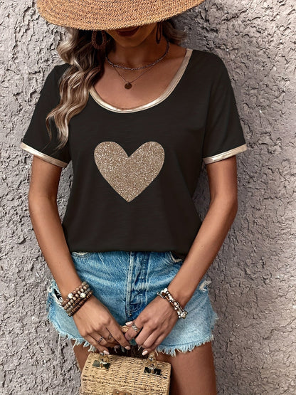 Damen T-Shirt mit Herzmotiv und Metallic-Details – Modisches Freizeitshirt, lässig und stilvoll