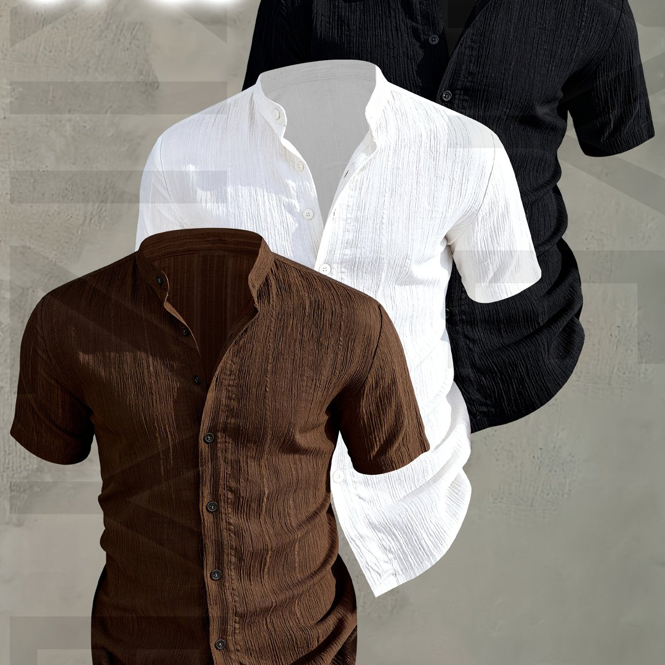 Herren 3er-Pack Freizeithemd mit Stehkragen, Kurzarm, Modernes Design, Knopfleiste