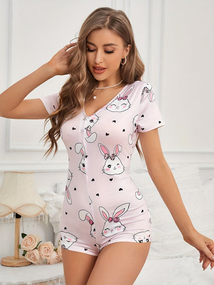 Damen Pyjama-Shorty mit Hasen-Print und Knopfleiste – Niedlicher Einteiler für Zuhause, Frühling & Sommer
