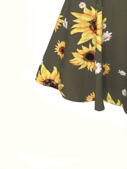 Damen Vintage Sonnenblumen Sommerkleid mit Knopfdetail und Trägern – Perfekt für Freizeit & Urlaub
