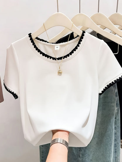 Damen Bluse mit Wellenkante und Rundhalsausschnitt – Eleganter Alltagsstil