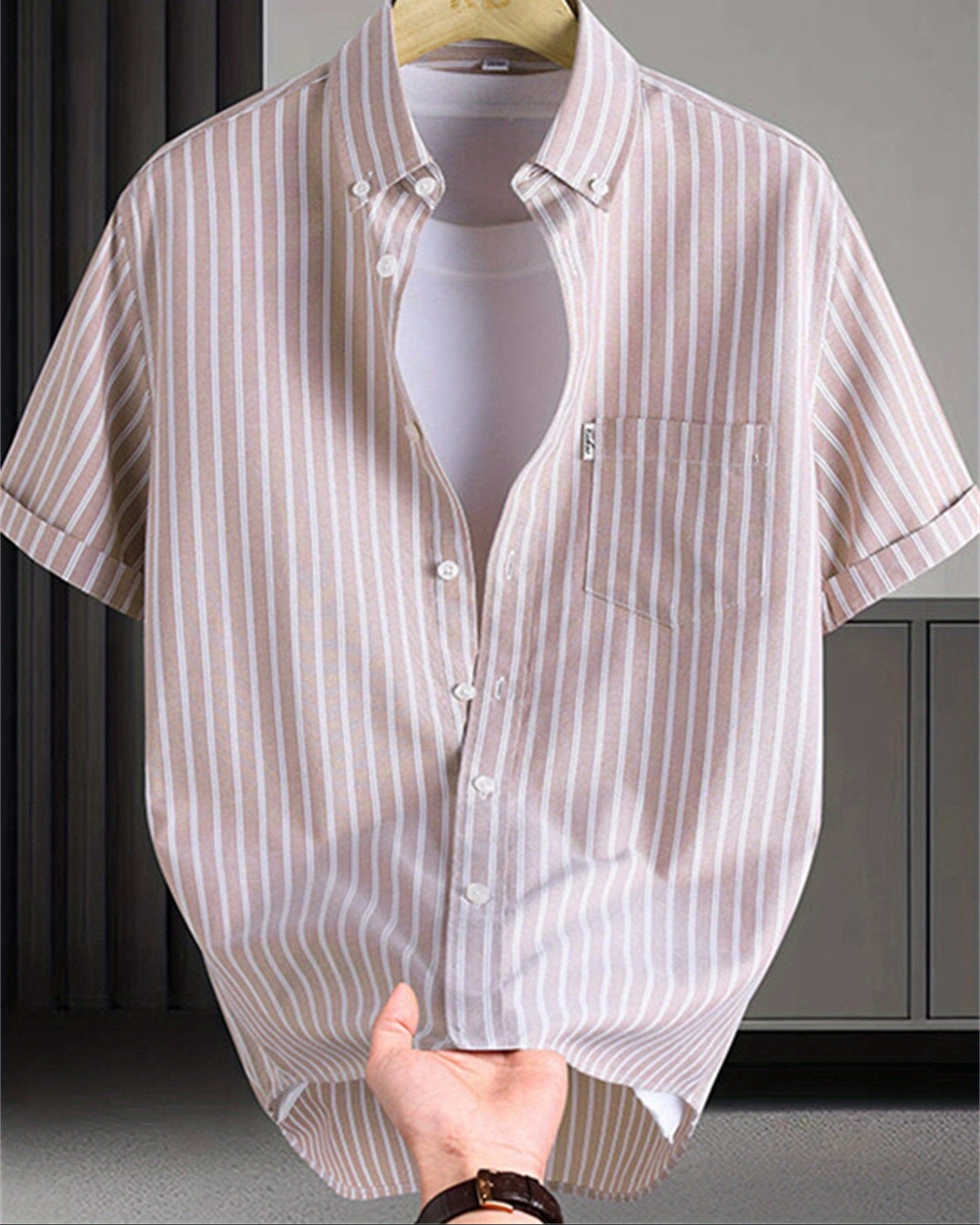 Herren Kurzarm-Hemd mit Streifenmuster und Button-Down-Kragen – Stilvolles Freizeit- und Business-Outfit