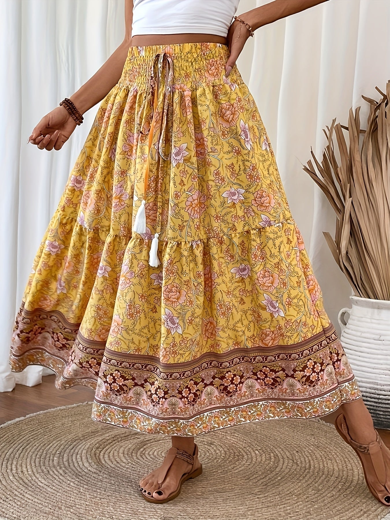 Damen Boho Maxirock mit Blumenmuster und Kordelzug – Sommer Freizeitrock für Strand und Alltag