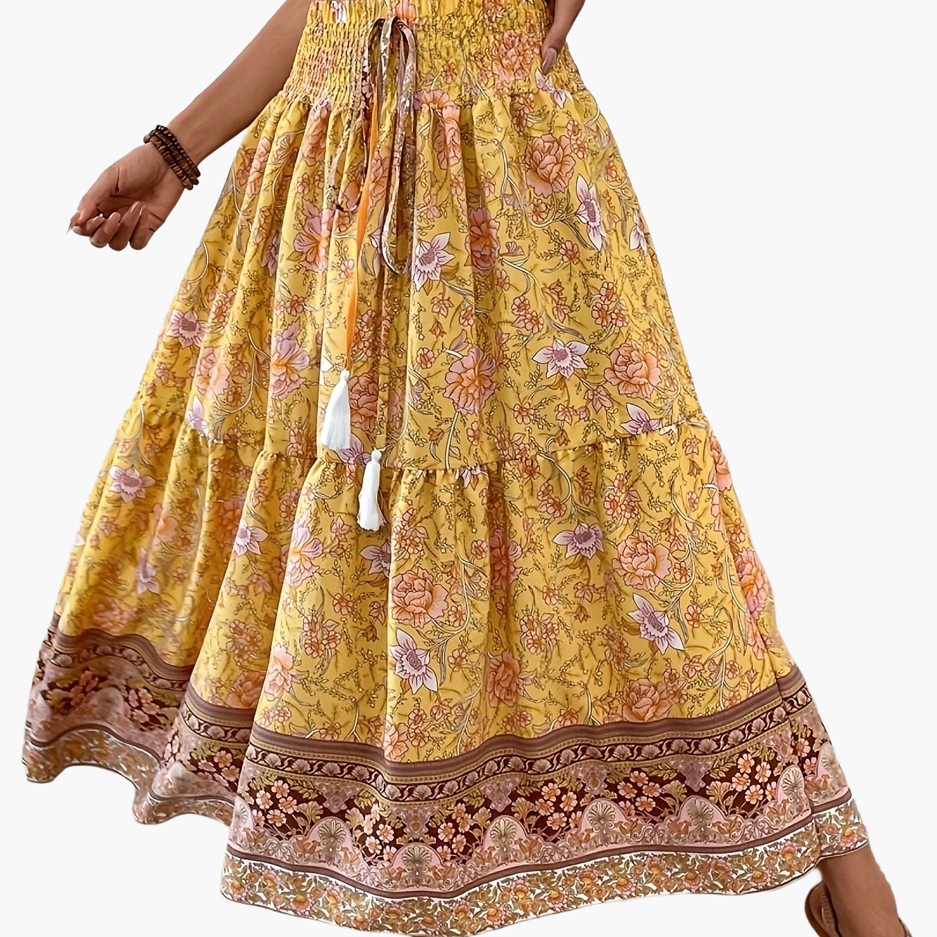 Damen Boho Maxirock mit Blumenmuster und Kordelzug – Sommer Freizeitrock für Strand und Alltag