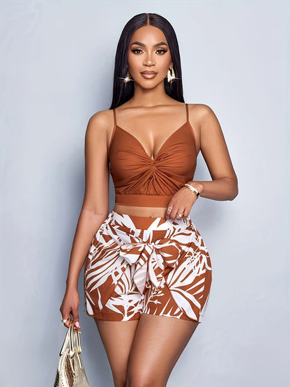 Damen Sommer Set – Modisches Crop Top und Shorts mit tropischem Print, ideal für Urlaub und Freizeit