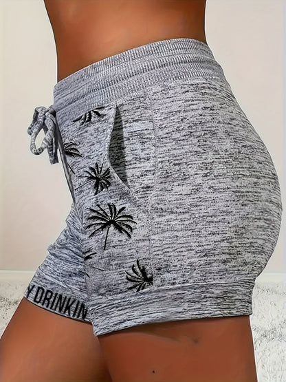 Damen Freizeits-Shorts mit Palmenprint und „Day Drinkin'“-Schriftzug – Sommer Urlaubsstyle