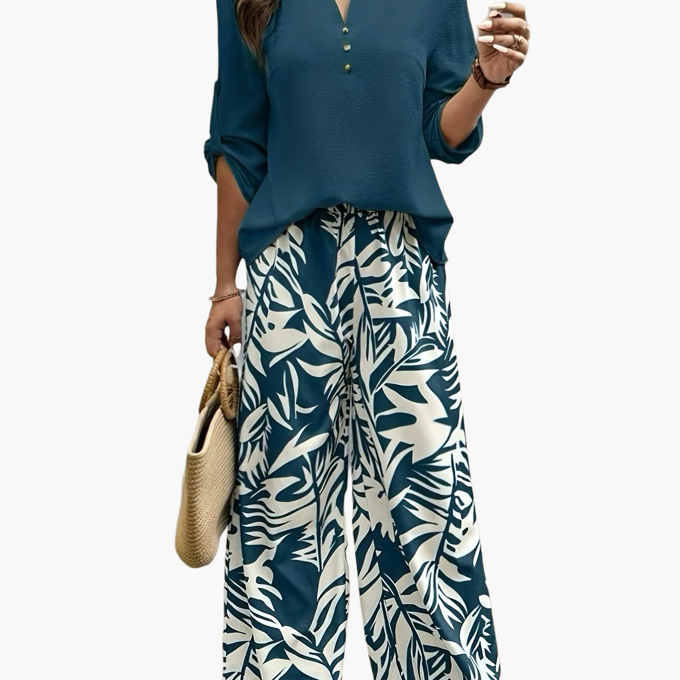 Damen Elegante Sommerhose mit Tropenmuster und Bluse – Perfekt für Freizeit & Urlaub