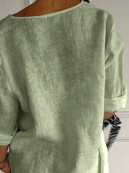 Damen Leinenbluse mit Knopfleiste und 3/4 Ärmeln – Eleganter Freizeit-Look für Alltag und Büro