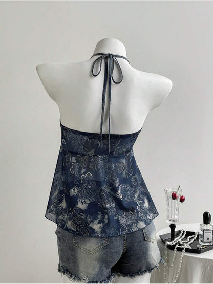 Damen Halterneck Volant-Top mit Herzmuster und Rüschen – Verspielter, femininer Look für Freizeit und Ausgehen