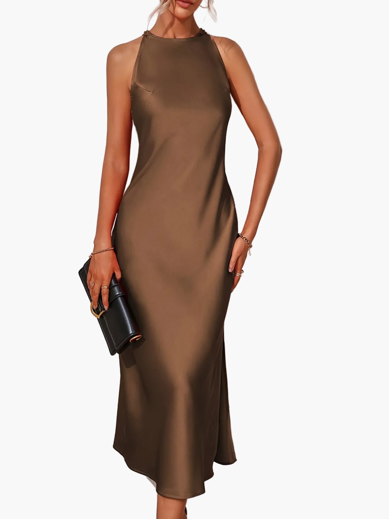 Damen Elegantes Midi-Abendkleid mit hohem Halsausschnitt – Perfekt für festliche Anlässe