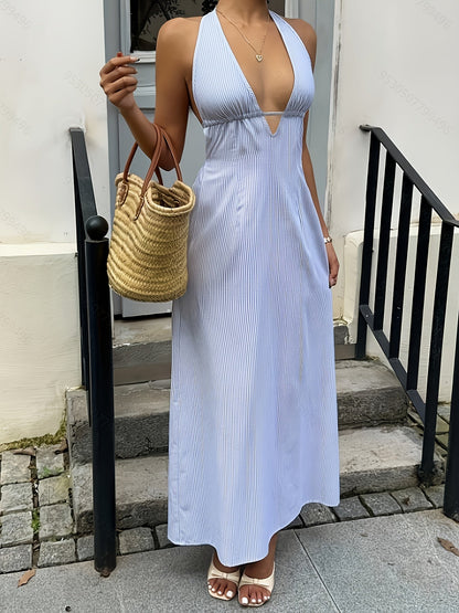 Damen Halterneck Maxikleid mit Streifen für Sommer und Urlaub