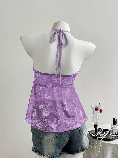 Damen Halterneck Volant-Top mit Herzmuster und Rüschen – Verspielter, femininer Look für Freizeit und Ausgehen