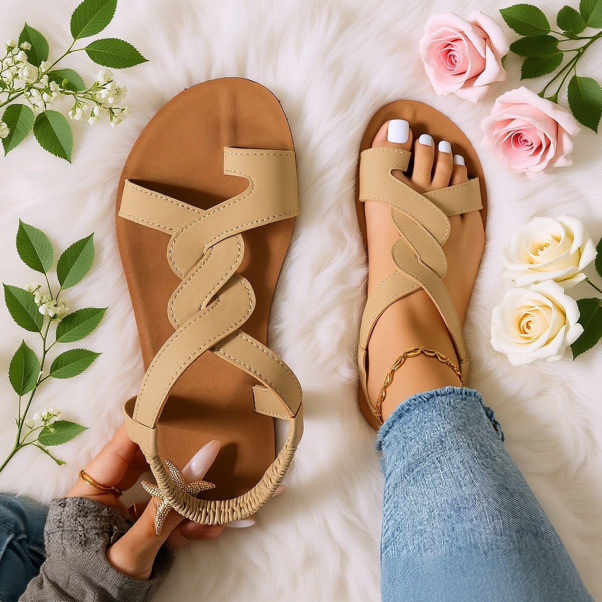 Damen Zehentrenner-Sandalen mit Wellenriemen und Sternendetail – Elegante Flats für Urlaub & Freizeit