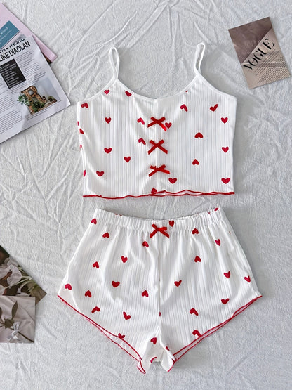 Damen Pyjama Set mit Herzchen-Muster und Schleifen – Zweiteiliger Schlafanzug, bequem & süß, ideal für Sommer