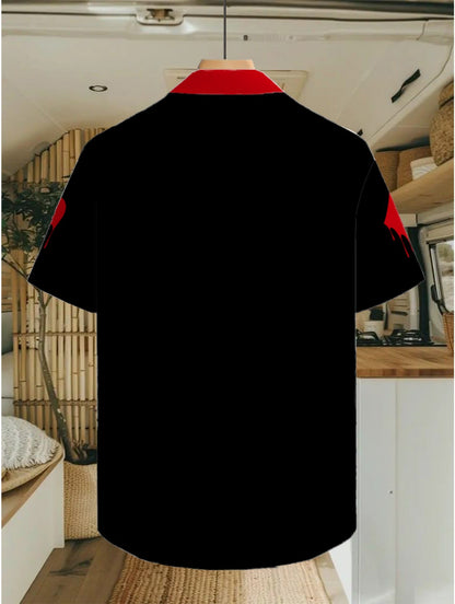 Herren Kurzarm Freizeithemd mit Spielkarten-Motiv und Knopfleiste – Stilvolles Party- und Freizeitshirt