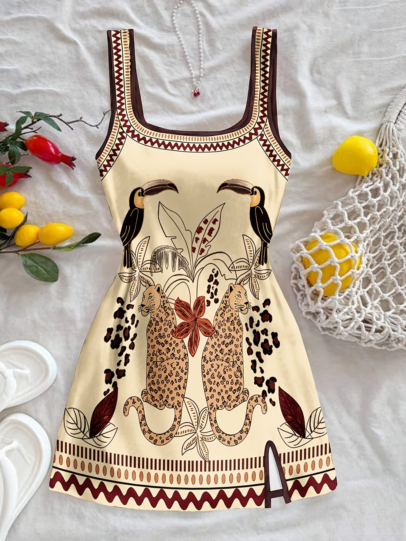 Damen Mini Kleid mit exotischem Tier- und Pflanzenmuster, Boho-Style, Freizeit & Urlaub