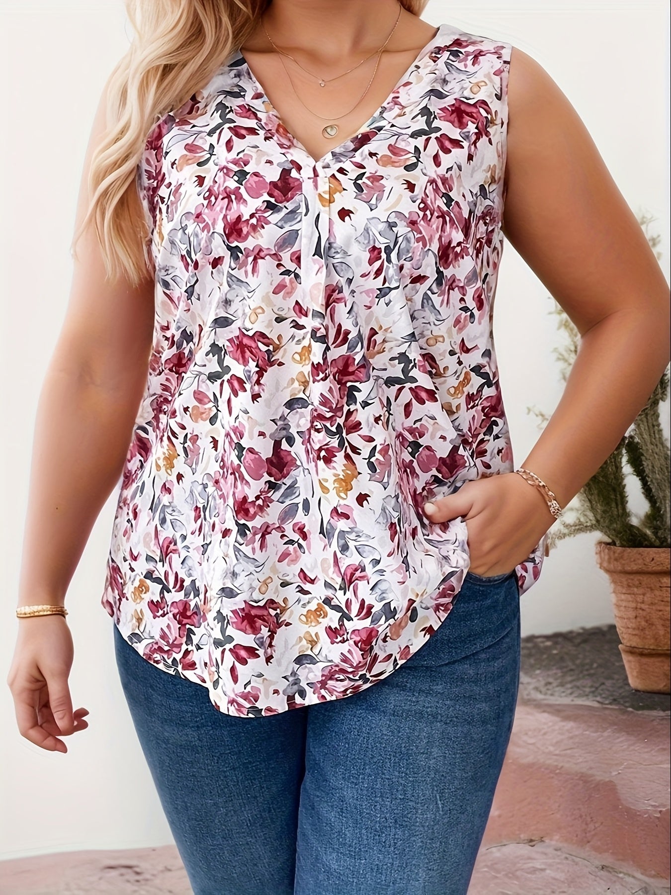 Damen ärmellose Bluse mit V-Ausschnitt und floralem Print – Elegante Sommermode für Alltag & Freizeit