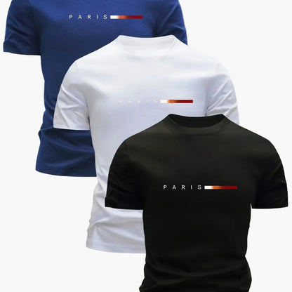 Herren T-Shirt 3er Set – Modernes Paris Print Design, Freizeit & Alltag, Rundhals