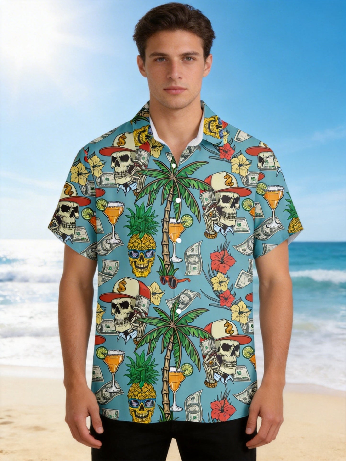 Herren Hawaiian Hemd mit Totenkopf und Sommermuster – Kurzarm, Party & Freizeit