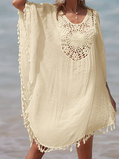 Damen Strand Kaftan Poncho mit Häkel-Details und Quasten – Perfekte Strandmode Cover-Up