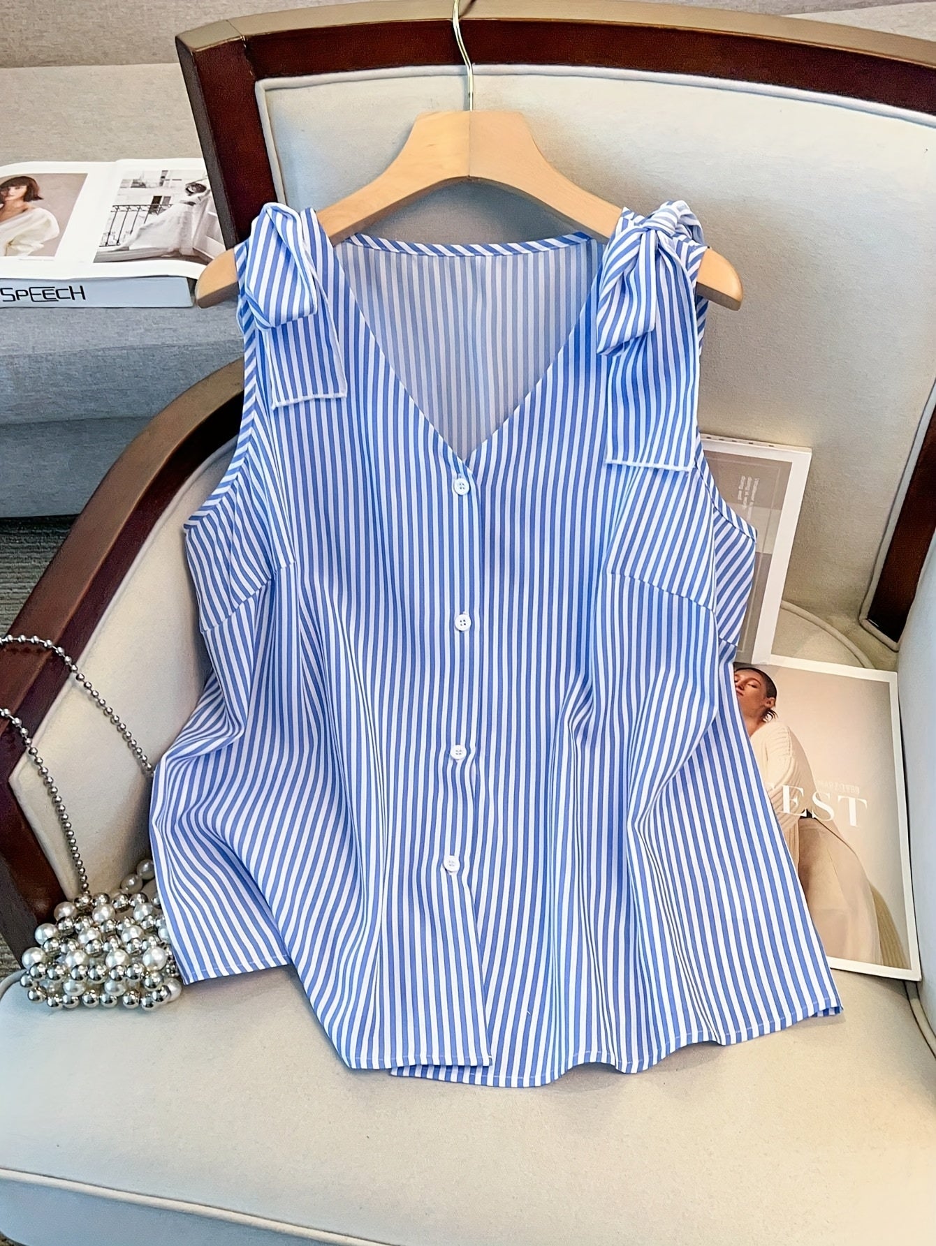 Damen Elegante Ärmellose Bluse mit Streifen und Knopfleiste – Sommer Business Freizeithemd