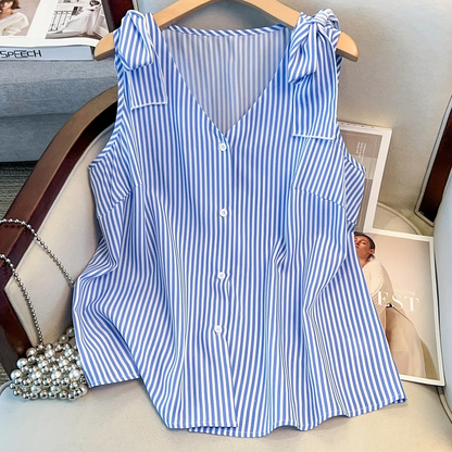 Damen Elegante Ärmellose Bluse mit Streifen und Knopfleiste – Sommer Business Freizeithemd