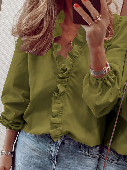 Damen Rüschenbluse Elegant Freizeit-Look V-Ausschnitt