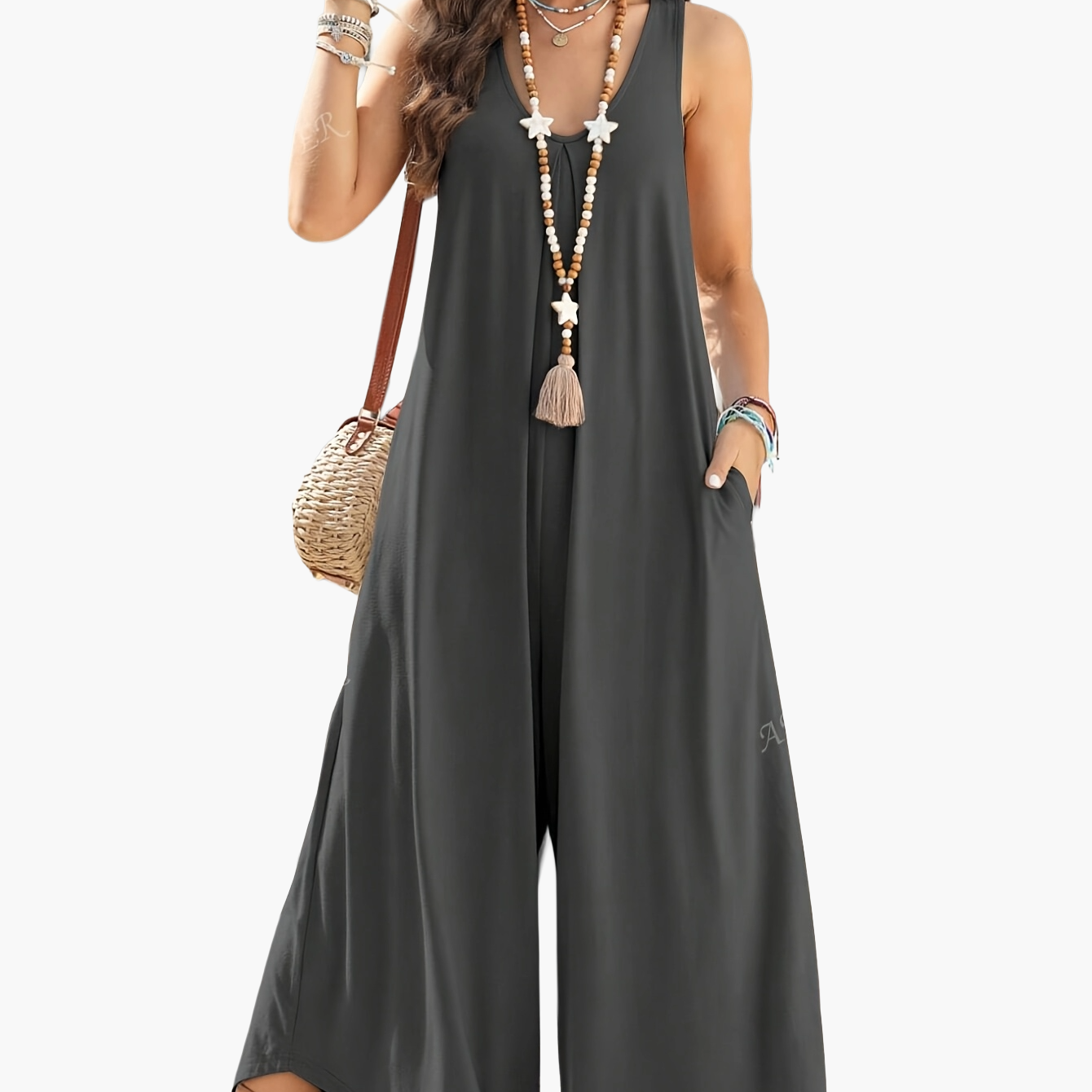 Damen Jumpsuit Sommer Weit Bein Ärmellos V-Ausschnitt Freizeit Overall mit Taschen