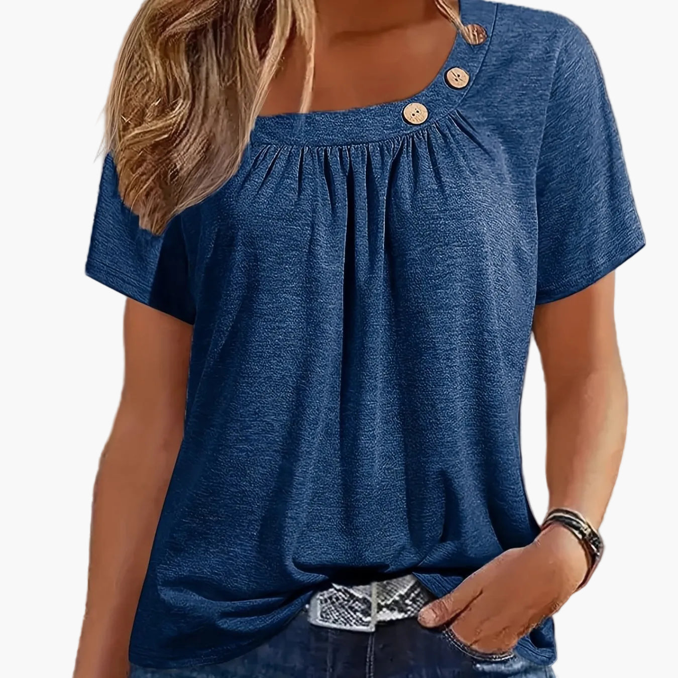 Damen Shirt mit asymmetrischem Ausschnitt und Knopfdetails – Modisches Freizeitoberteil, elegant und vielseitig