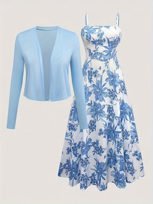 Elegantes Damen Kleid mit Blumenmuster und passendem Cardigan Set