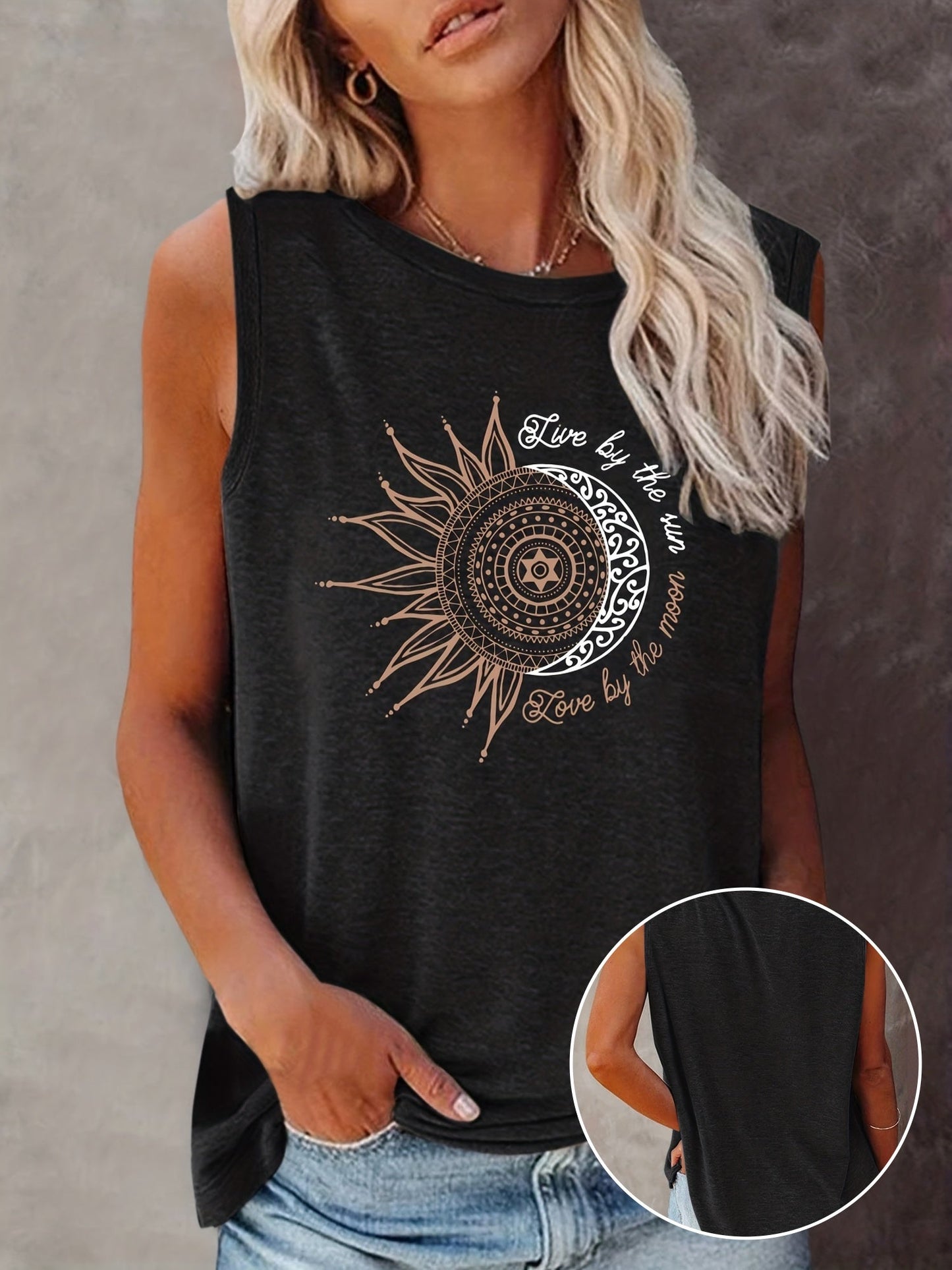 Damen Tanktop mit Boho Sonne-Mond Print – Lässiges Sommer-Shirt im Ethno-Stil