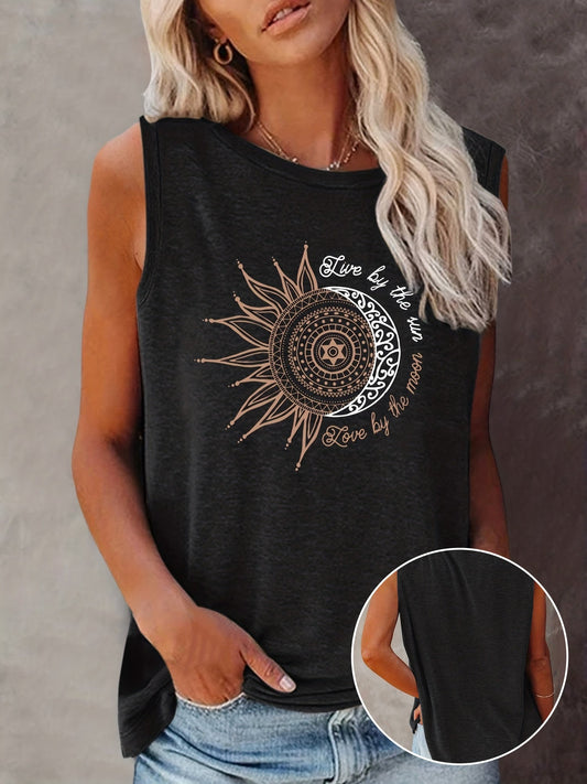 Damen Tanktop mit Boho Sonne-Mond Print – Lässiges Sommer-Shirt im Ethno-Stil