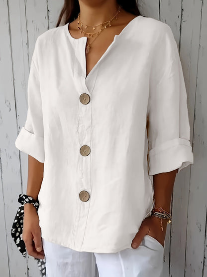 Damen Leinenbluse mit Knopfleiste und 3/4 Ärmeln – Eleganter Freizeit-Look für Alltag und Büro