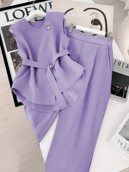 Damen Business Zweiteiler Set – Elegantes Top mit Gürtel und Weite Hose für Büro und Events