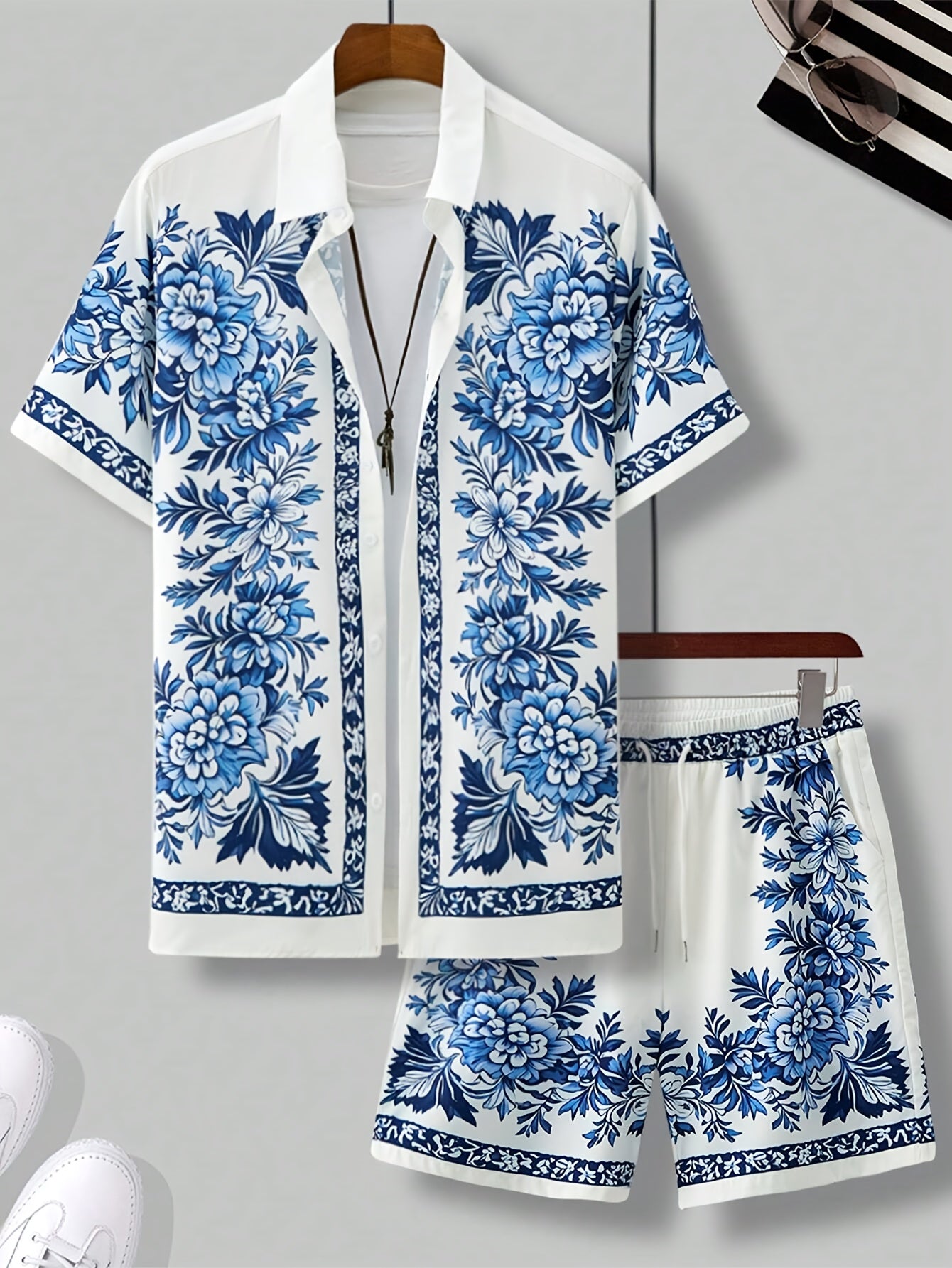 Herren Sommer Kurzarm Freizeit Set mit Blumenmuster – Zweiteiliges Hemd und Shorts, Perfekt für Urlaub & Strand