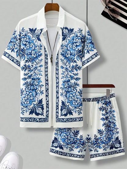 Herren Sommer Kurzarm Freizeit Set mit Blumenmuster – Zweiteiliges Hemd und Shorts, Perfekt für Urlaub & Strand