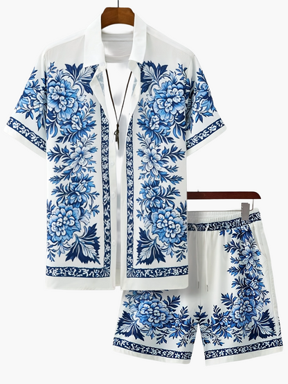 Herren Sommer Kurzarm Freizeit Set mit Blumenmuster – Zweiteiliges Hemd und Shorts, Perfekt für Urlaub & Strand