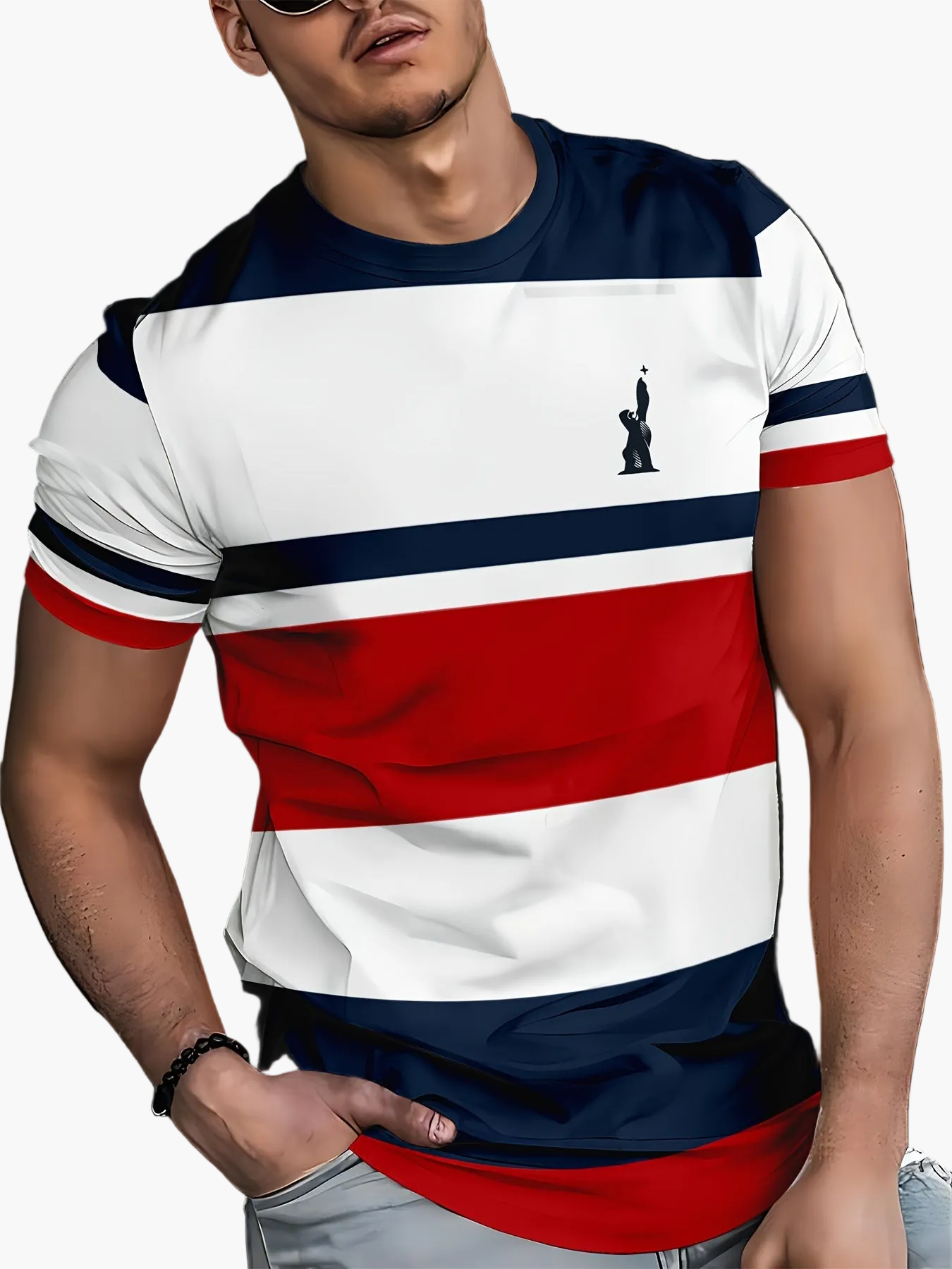 Herren T-Shirt im College-Style mit Blockstreifen und sportlichem Print – Perfekt für Freizeit und Alltag