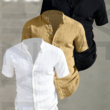 Herren 3er-Pack Freizeithemd mit Stehkragen, Kurzarm, Modernes Design, Knopfleiste