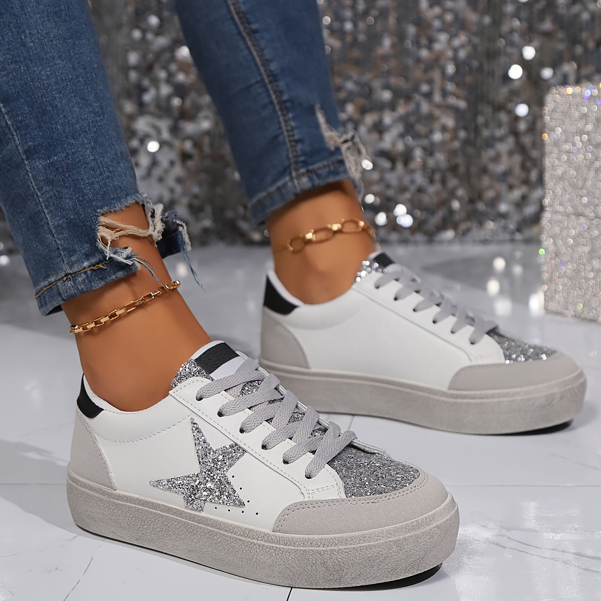 Damen Sneaker mit Glitzerstern und Plateau – Modische Freizeitschuhe für Alltag und Party