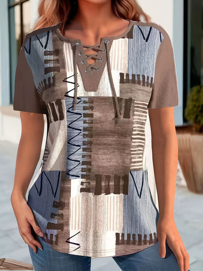 Damen Casual T-Shirt mit Schnürung und geometrischem Muster – Sommer Freizeitshirt mit V-Ausschnitt