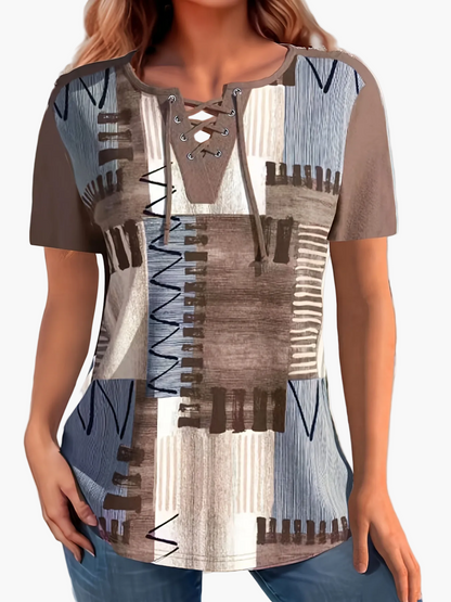 Damen Casual T-Shirt mit Schnürung und geometrischem Muster – Sommer Freizeitshirt mit V-Ausschnitt