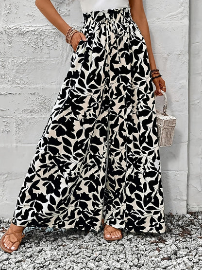 Damen Weitbeinige High-Waist Palazzo Hose mit Tropischem Blattmuster – Eleganter Boho-Stil für Alltag und Freizeit