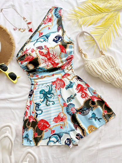 Damen Ein-Schulter Jumpsuit mit Tropenprint – Modischer Sommer Overall für Freizeit und Urlaub