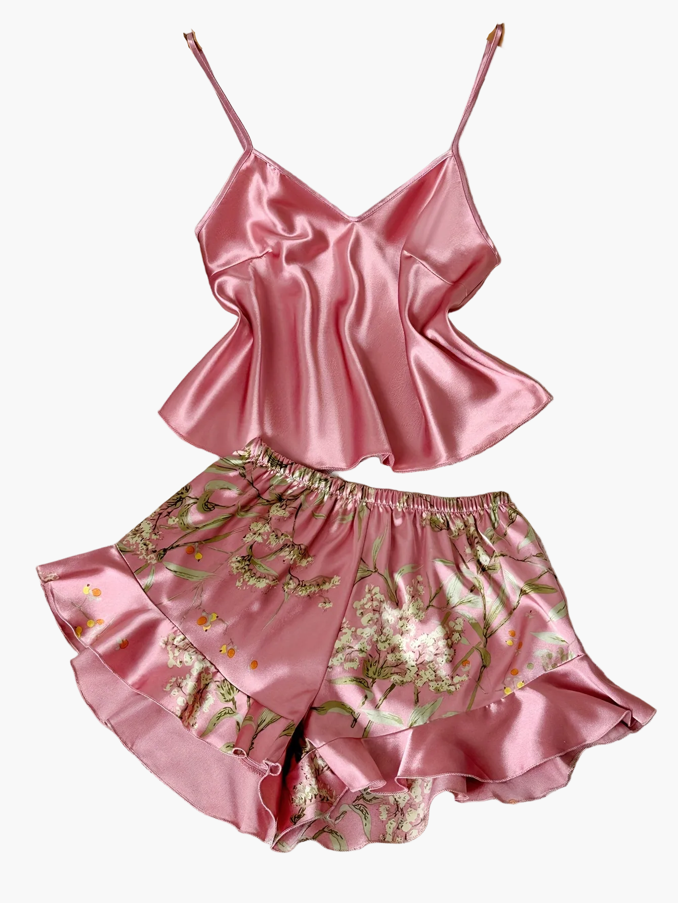 Damen Satin Pyjama Set mit Spaghettiträgern und Blumenmuster – Elegantes Schlafanzug-Set für den Sommer