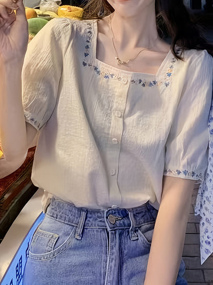 Damen Bluse mit Stickerei und Quadrat-Ausschnitt – Eleganter Sommerstil