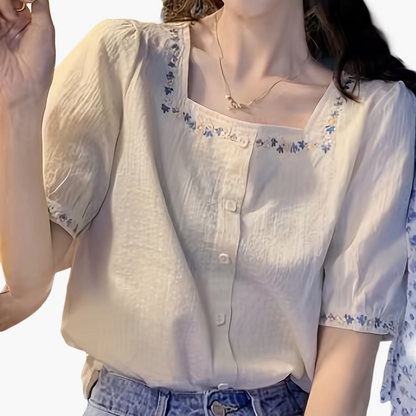 Damen Bluse mit Stickerei und Quadrat-Ausschnitt – Eleganter Sommerstil